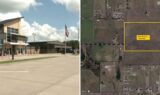 Gunter ISD new high school collage: the current Gunter High School campus on Preston Road beside a 2022 district aerial of the 120-acre site once studied for a new high school off Kerfoot Drive