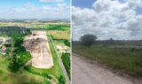 Gunter TX growth collage: aerial of The Bridges at Preston Crossings with finished homes beside newly graded streets, and open farmland along a gravel road at the Platinum Ranch site