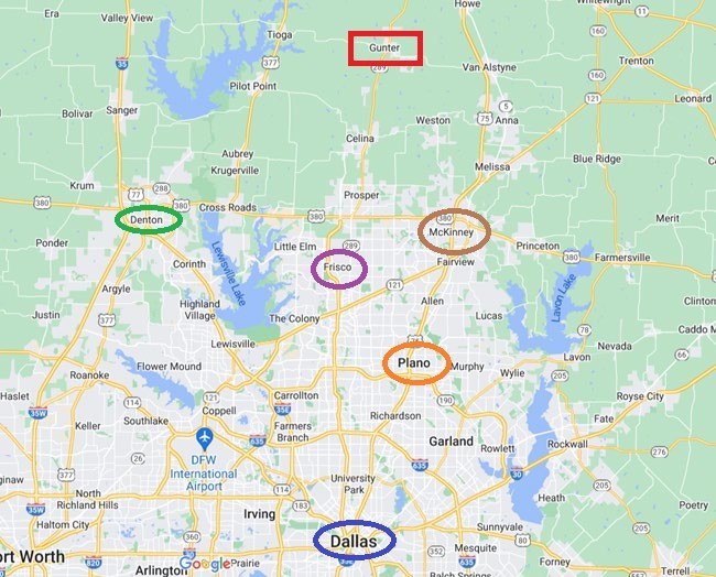 Map locating Gunter TX on State Highway 289 north of Celina and Prosper, with Denton, Frisco, McKinney, Plano and Dallas circled to the south