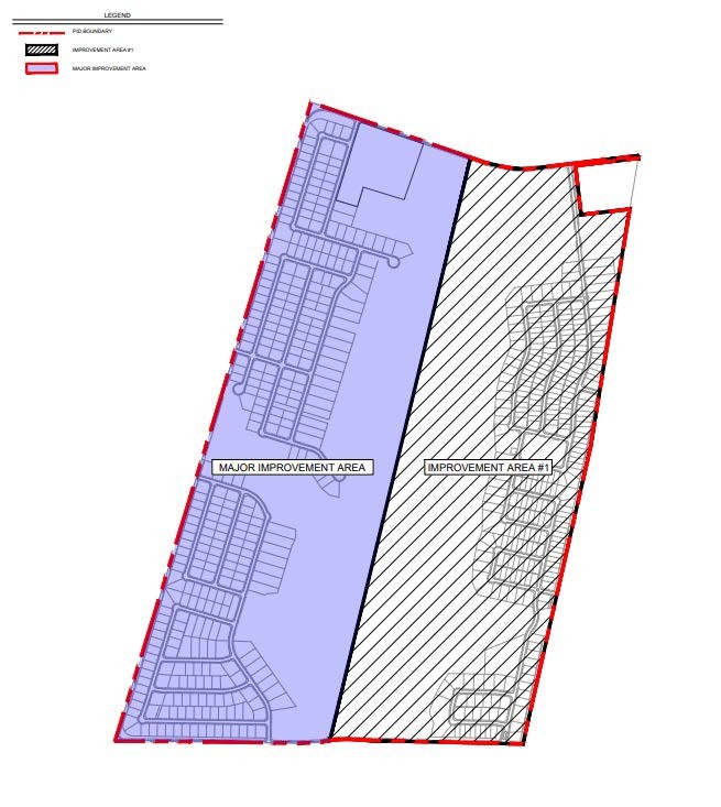 Map of the Taylor Ranch Public Improvement District in Gunter TX showing Improvement Area #1 on the east side and the Major Improvement Area on the west side