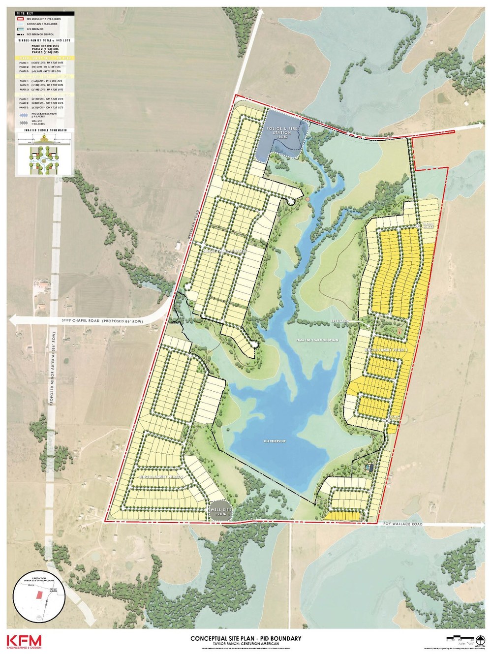 Taylor Ranch Gunter TX conceptual site plan by KFM Engineering showing about 649 lots wrapped around the SCS reservoir and floodplain between Westman Road and Foy Wallace Road