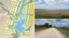 Taylor Ranch Gunter TX collage: conceptual site plan around the SCS reservoir, the reservoir seen across open land, and gravel Little Elm Creek Road