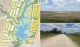 Taylor Ranch Gunter TX collage: conceptual site plan around the SCS reservoir, the reservoir seen across open land, and gravel Little Elm Creek Road