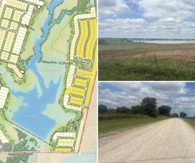 Taylor Ranch Gunter TX collage: conceptual site plan around the SCS reservoir, the reservoir seen across open land, and gravel Little Elm Creek Road