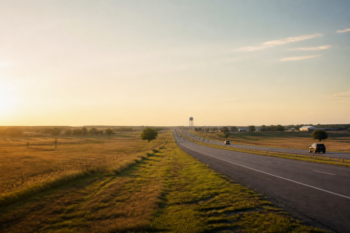 A North Texas divided highway at golden hour, open prairie on one side and a distant water tower on the other.