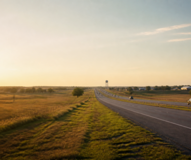 A North Texas divided highway at golden hour, open prairie on one side and a distant water tower on the other.
