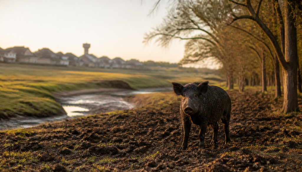 A feral hog at the edge of a rooted North Texas pasture, with new rooftops and a water tower on the horizon at golden hour.
