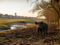 A feral hog at the edge of a rooted North Texas pasture, with new rooftops and a water tower on the horizon at golden hour.