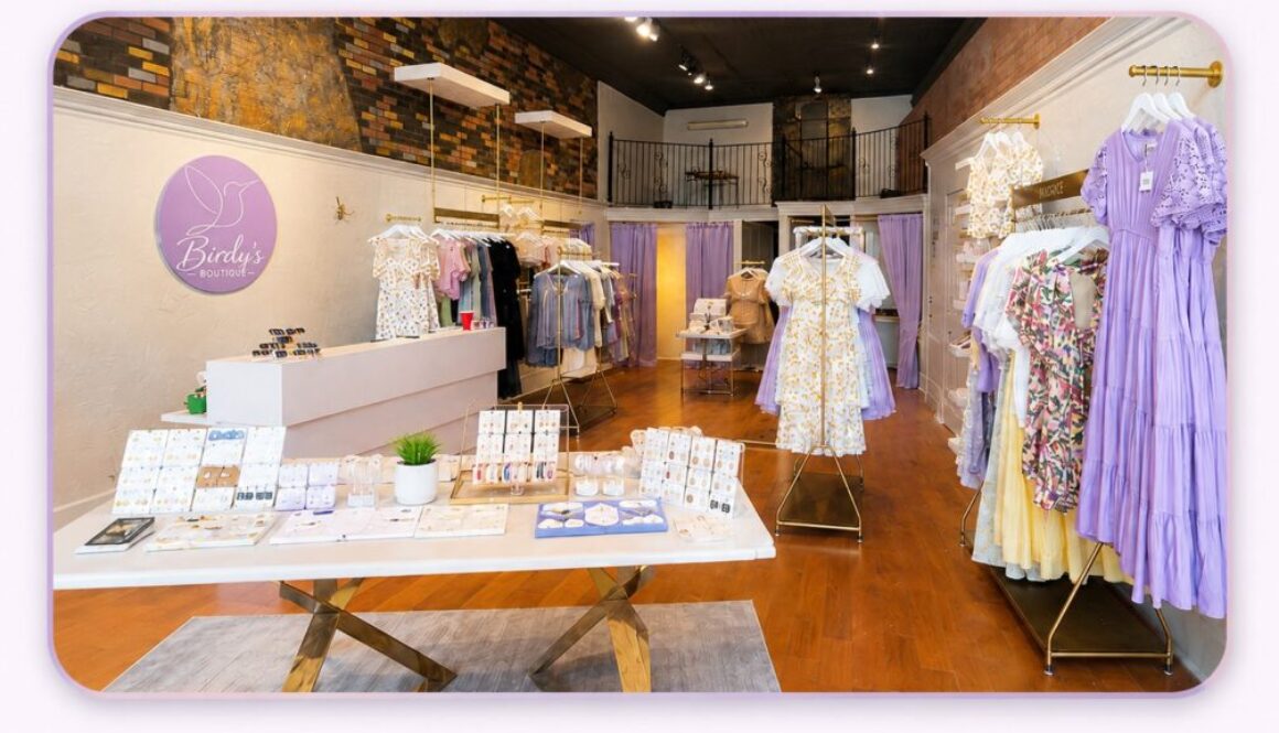 Birdy's Boutique storefront and shopping display in downtown Denison Texas