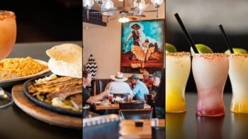 Camilo's TEX MEX Gunter — fajitas and margarita, dining room, and frozen margaritas collage