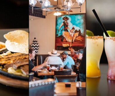 Camilo's TEX MEX Gunter — fajitas and margarita, dining room, and frozen margaritas collage