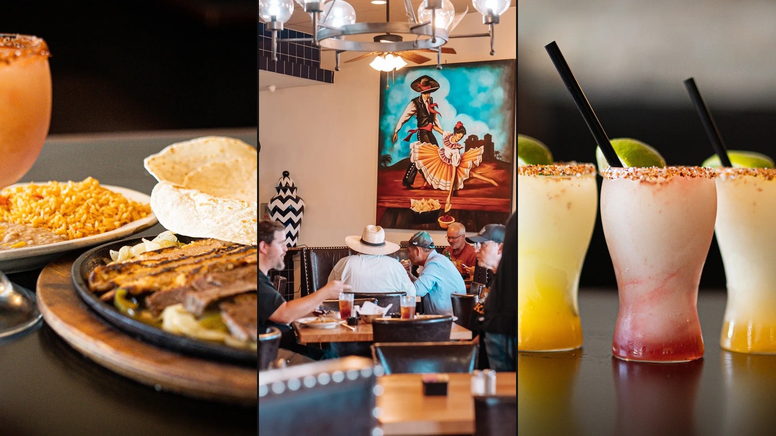 Camilo's TEX MEX Gunter — fajitas and margarita, dining room, and frozen margaritas collage