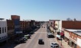 Aerial view over Denison Texas neighborhood and streets