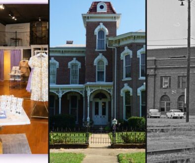 Collage of Birdy’s Boutique, Denison Sears streetscape, and MKT Depot for Denison shops