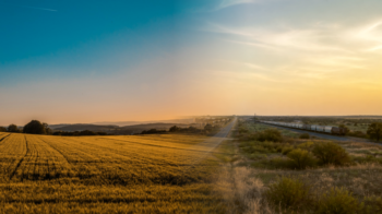 Golden-hour North Texas landscape showing open farmland transitioning toward new rooftops and a distant highway corridor in Grayson County
