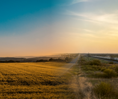Golden-hour North Texas landscape showing open farmland transitioning toward new rooftops and a distant highway corridor in Grayson County