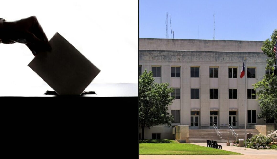 Collage for Grayson County early voting guide: ballot box and Grayson County Courthouse in Sherman