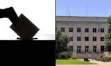 Collage for Grayson County early voting guide: ballot box and Grayson County Courthouse in Sherman