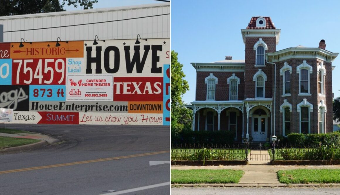 Collage of downtown Howe mural and a Denison streetscape for the Gunter Grayson restaurants hub