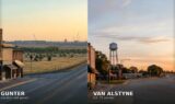 Split comparison of Gunter and Van Alstyne at golden hour: Gunter’s country-road downtown and growth horizon on the left; Van Alstyne’s water tower and U.S. 75-corridor streetscape on the right.