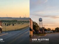Split comparison of Gunter and Van Alstyne at golden hour: Gunter’s country-road downtown and growth horizon on the left; Van Alstyne’s water tower and U.S. 75-corridor streetscape on the right.