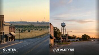 Split comparison of Gunter and Van Alstyne at golden hour: Gunter’s country-road downtown and growth horizon on the left; Van Alstyne’s water tower and U.S. 75-corridor streetscape on the right.