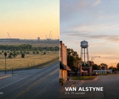 Split comparison of Gunter and Van Alstyne at golden hour: Gunter’s country-road downtown and growth horizon on the left; Van Alstyne’s water tower and U.S. 75-corridor streetscape on the right.