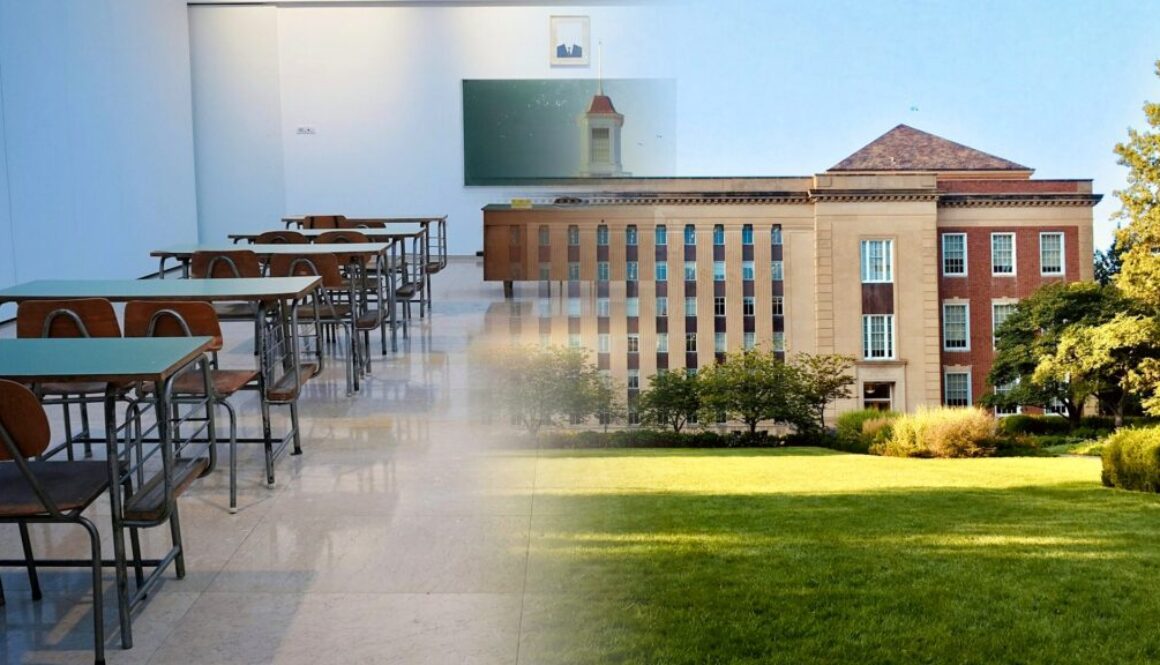 Howe ISD guide header: classroom desks blended with a North Texas school campus exterior for parents researching schools and boundaries