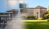 Howe ISD guide header: classroom desks blended with a North Texas school campus exterior for parents researching schools and boundaries