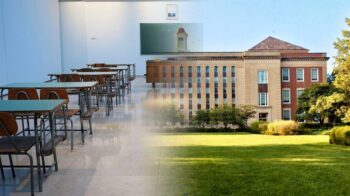 Howe ISD guide header: classroom desks blended with a North Texas school campus exterior for parents researching schools and boundaries