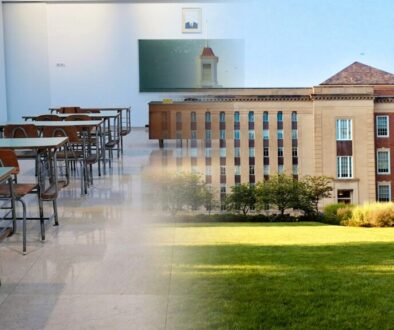 Howe ISD guide header: classroom desks blended with a North Texas school campus exterior for parents researching schools and boundaries