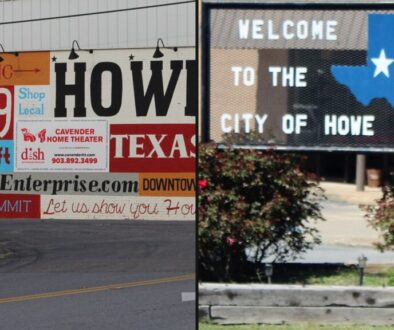 Collage of downtown Howe mural and Welcome to Howe sign for Howe restaurants