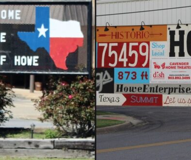 Collage of Welcome to Howe sign and downtown Howe for Howe shops