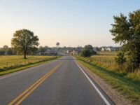 Two-lane North Texas highway approaching a small town with a water tower at golden hour, representing Gunter, Texas