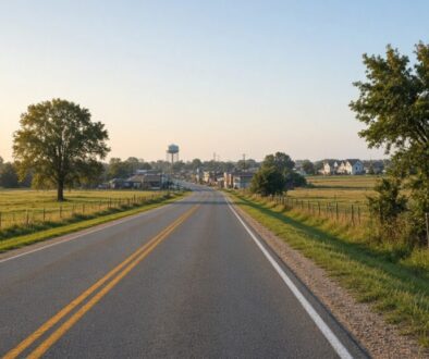 Two-lane North Texas highway approaching a small town with a water tower at golden hour, representing Gunter, Texas