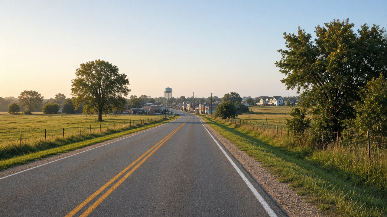 Two-lane North Texas highway approaching a small town with a water tower at golden hour, representing Gunter, Texas