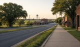 Quiet morning street and water tower in a small North Texas town along the U.S. 75 corridor near Howe
