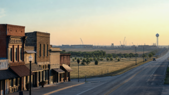 Scenic North Texas small-town lakeside corridor near Lake Texoma at soft morning light, rolling shoreline and open sky—no people, no seals, no text