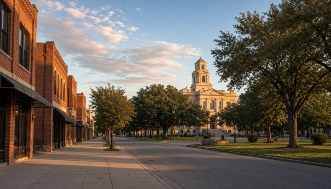 Golden-hour view of a quiet North Texas downtown street with brick storefronts and a courthouse tower, illustrating everyday Sherman, Texas.