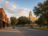 Golden-hour view of a quiet North Texas downtown street with brick storefronts and a courthouse tower, illustrating everyday Sherman, Texas.