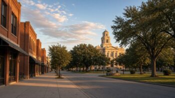 Golden-hour view of a quiet North Texas downtown street with brick storefronts and a courthouse tower, illustrating everyday Sherman, Texas.