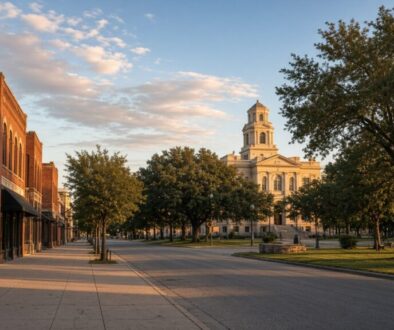 Golden-hour view of a quiet North Texas downtown street with brick storefronts and a courthouse tower, illustrating everyday Sherman, Texas.