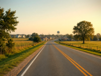 Golden-hour view of a North Texas two-lane highway approaching a small city with a water tower on the horizon, suggesting Van Alstyne along the U.S. 75 corridor