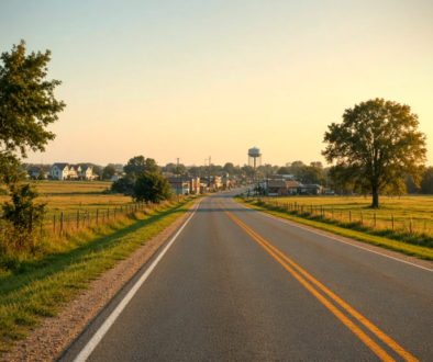 Golden-hour view of a North Texas two-lane highway approaching a small city with a water tower on the horizon, suggesting Van Alstyne along the U.S. 75 corridor