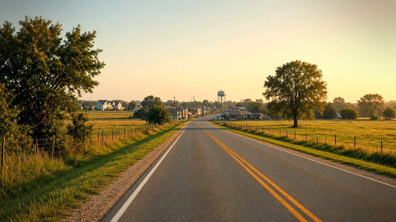 Golden-hour view of a North Texas two-lane highway approaching a small city with a water tower on the horizon, suggesting Van Alstyne along the U.S. 75 corridor