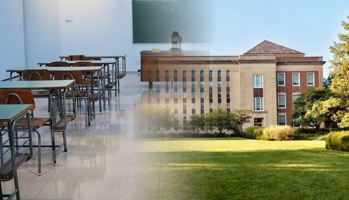 Pottsboro ISD guide header: classroom desks blended with a North Texas school campus exterior for parents researching schools and boundaries