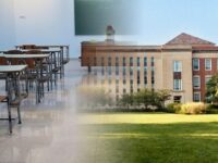 Pottsboro ISD guide header: classroom desks blended with a North Texas school campus exterior for parents researching schools and boundaries