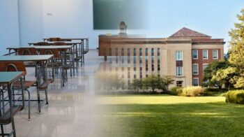 Pottsboro ISD guide header: classroom desks blended with a North Texas school campus exterior for parents researching schools and boundaries