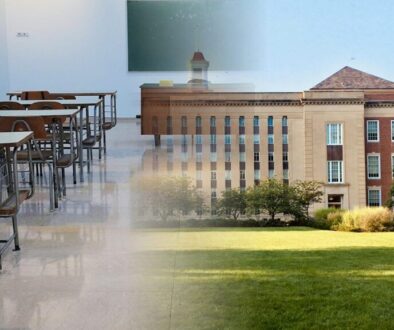 Pottsboro ISD guide header: classroom desks blended with a North Texas school campus exterior for parents researching schools and boundaries
