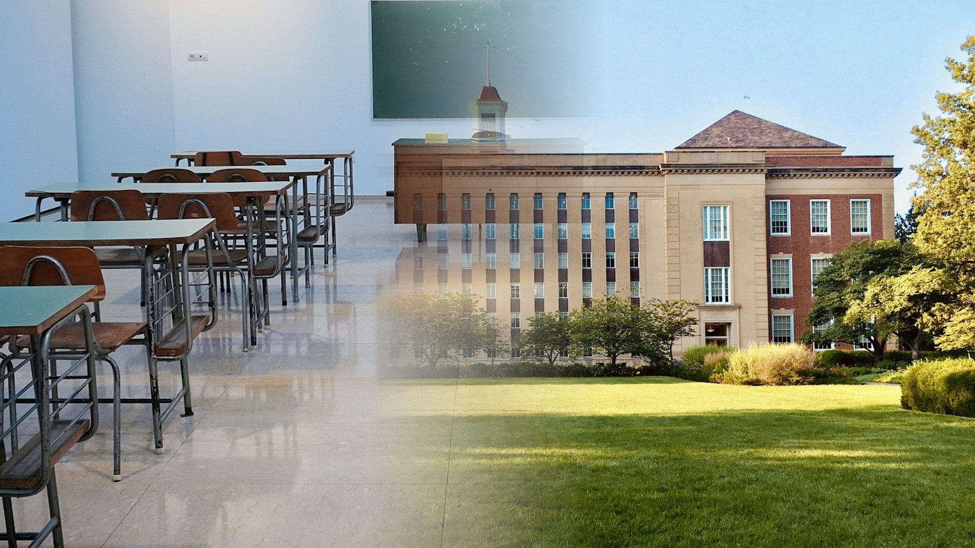 Pottsboro ISD guide header: classroom desks blended with a North Texas school campus exterior for parents researching schools and boundaries